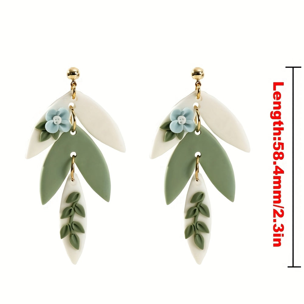 Boho-Chic Polymer Clay Flower Earrings in White & Green with Blue Accents