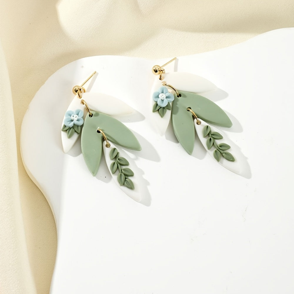 Boho-Chic Polymer Clay Flower Earrings in White & Green with Blue Accents