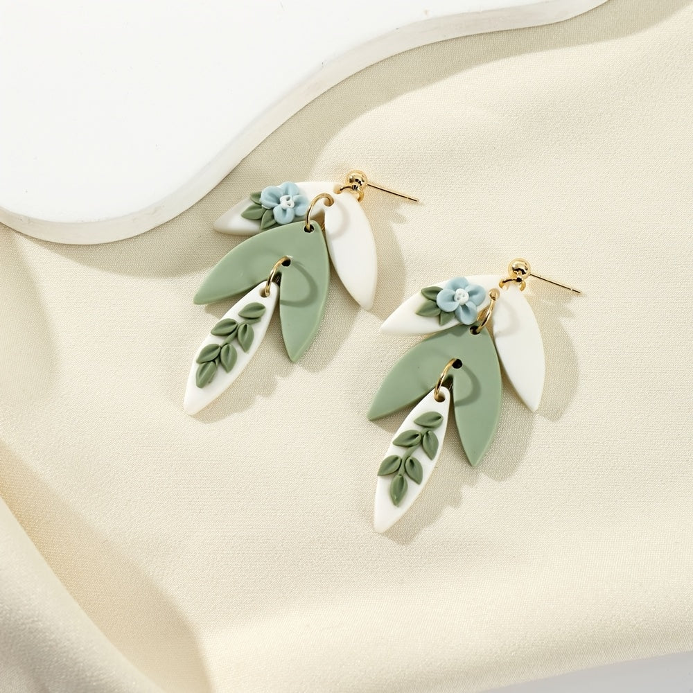 Boho-Chic Polymer Clay Flower Earrings in White & Green with Blue Accents
