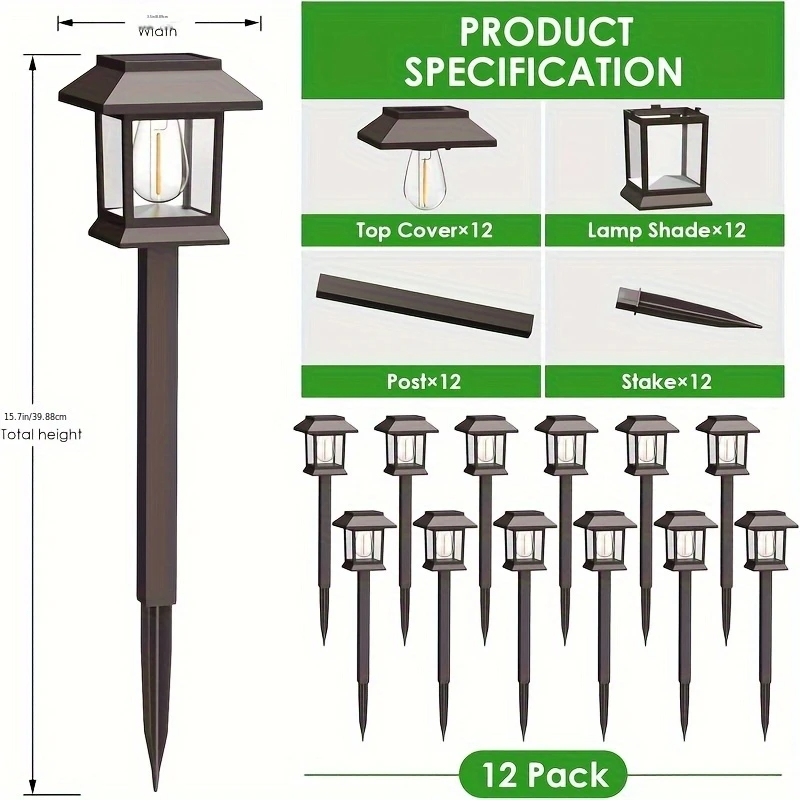 12pcs Super Bright 20-120lm Solar Pathway Lights