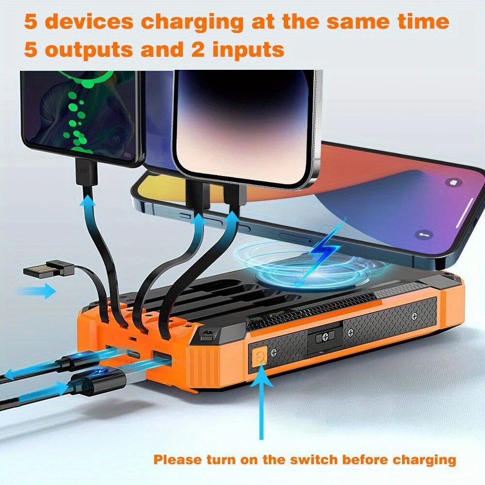 2025 Solar Mobile Power Bank Wireless Charger Built-in 4 Cables Six Outputs 15W Fast Charging
